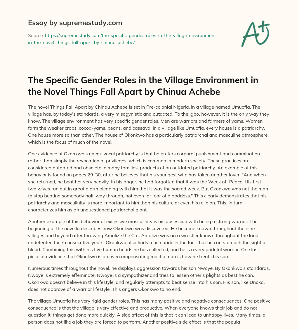 The Specific Gender Roles in the Village Environment in the Novel Things Fall Apart by Chinua Achebe essay