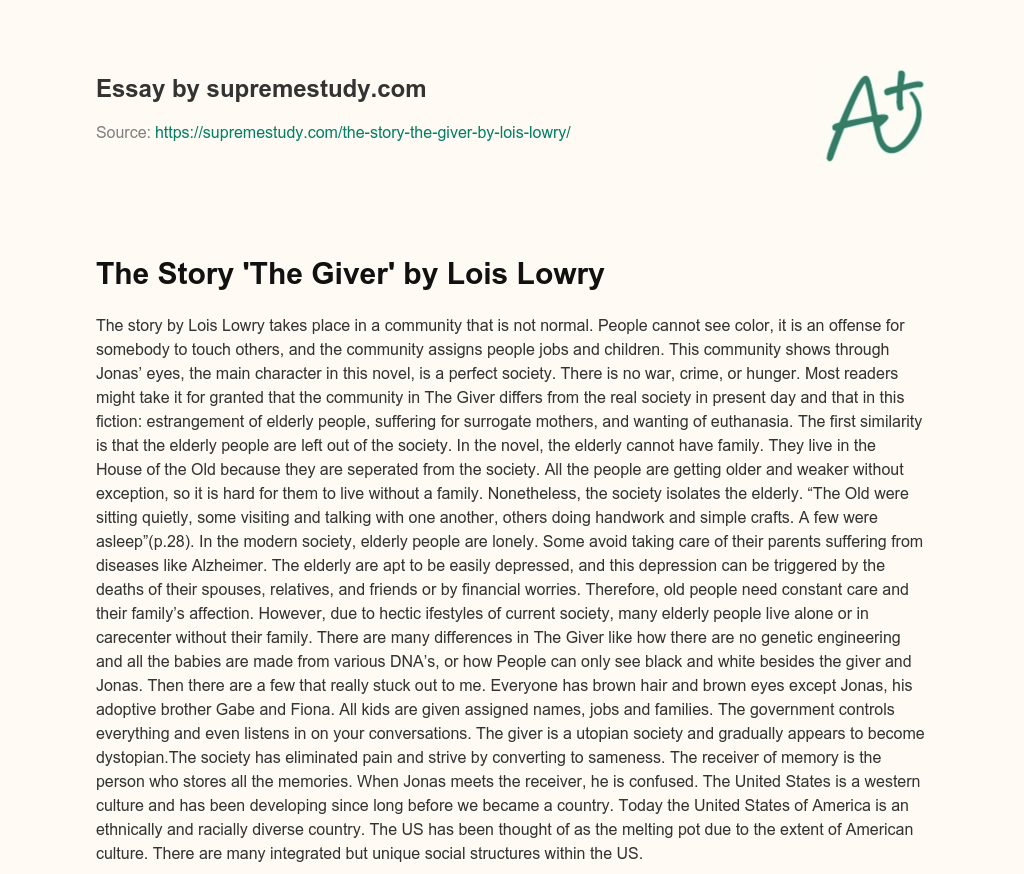 The Story ‘The Giver’ by Lois Lowry essay