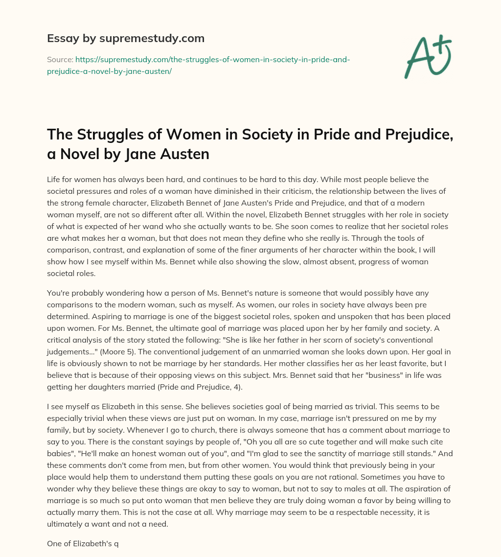 The Struggles of Women in Society in Pride and Prejudice, a Novel by Jane Austen essay