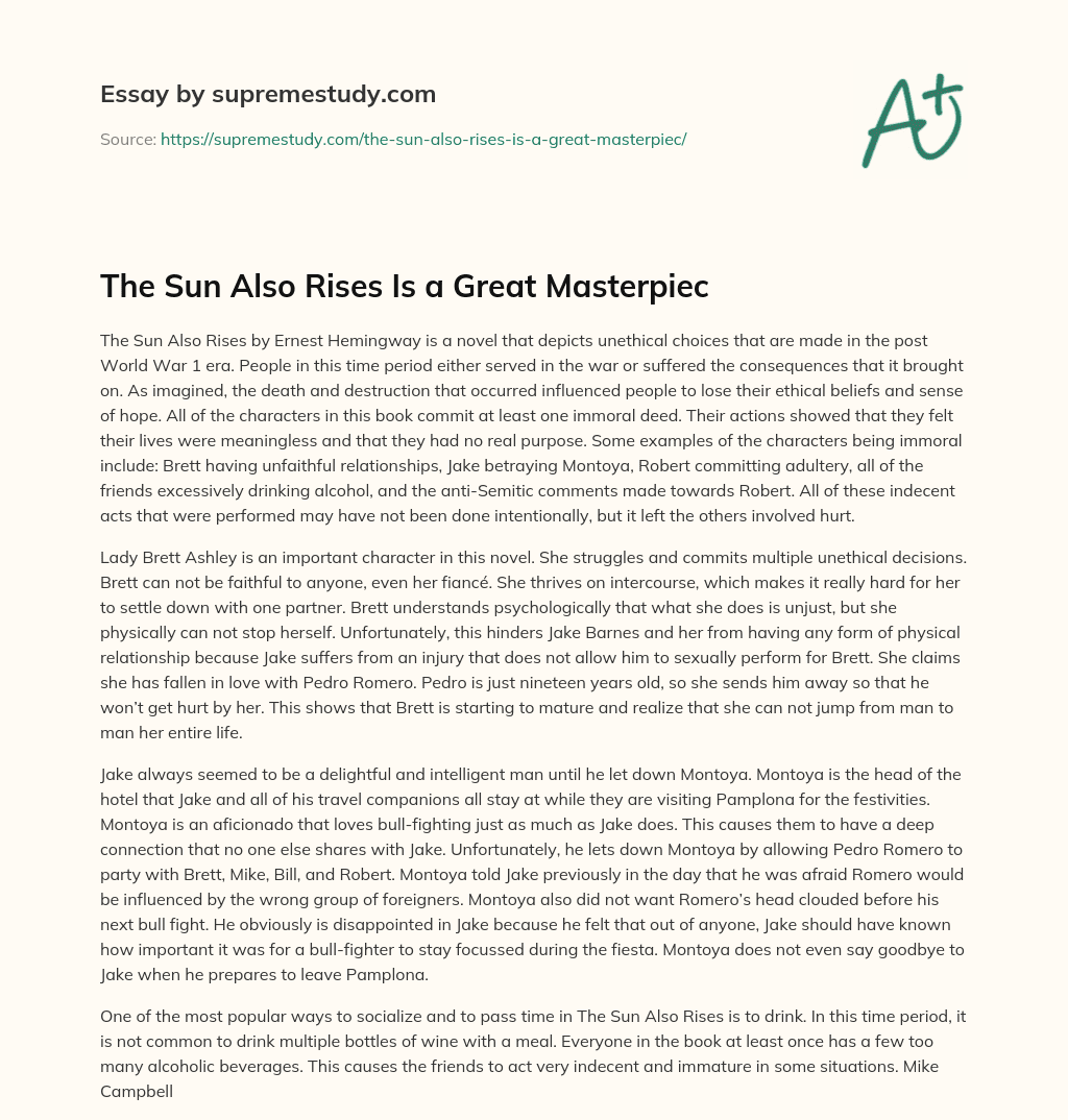 The Sun Also Rises Is a Great Masterpiec essay