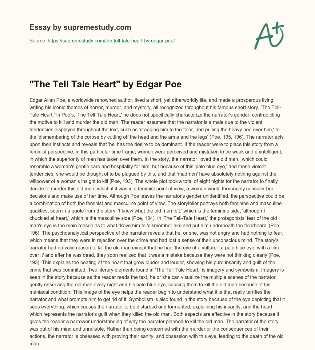 “The Tell Tale Heart” by Edgar Poe essay