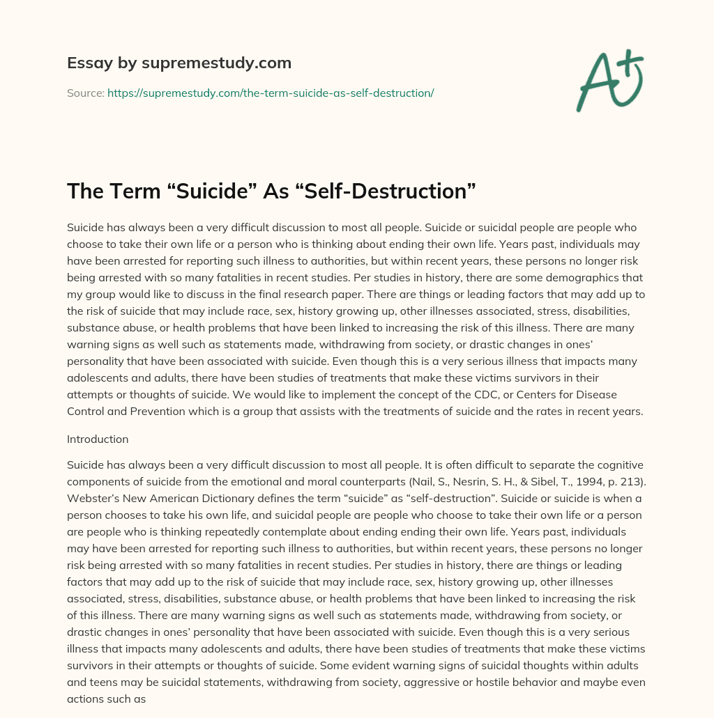 The Term “Suicide” As “Self-Destruction” essay