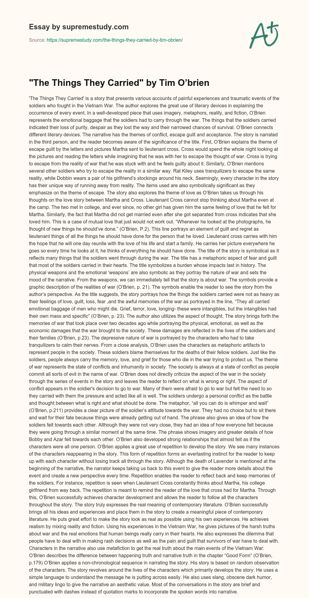 “The Things They Carried” by Tim O’brien  essay