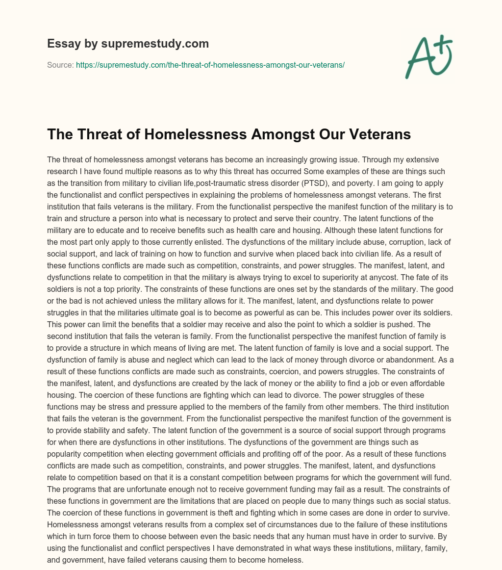 The Threat of Homelessness Amongst Our Veterans essay
