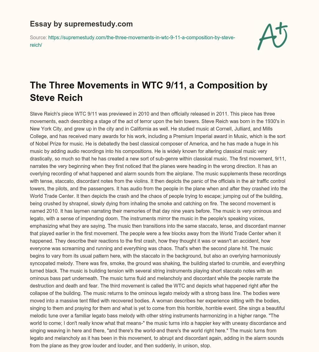 The Three Movements in WTC 9/11, a Composition by Steve Reich essay