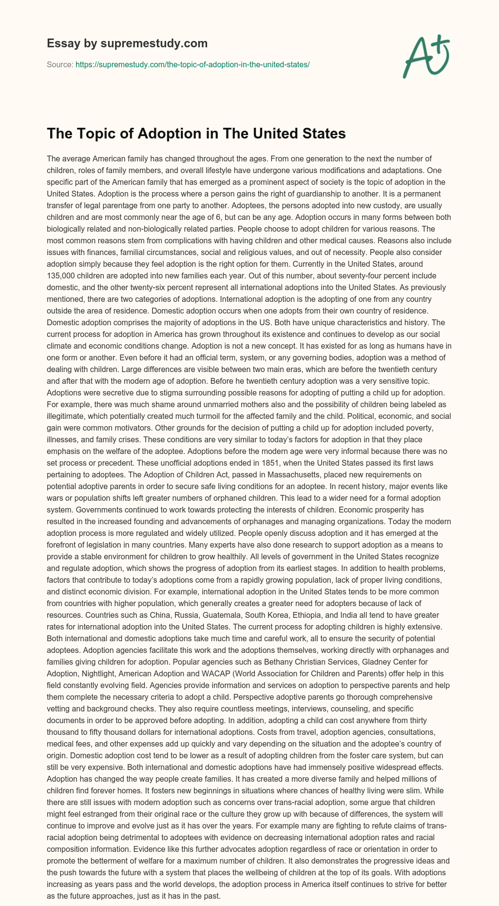 The Topic of Adoption in The United States essay