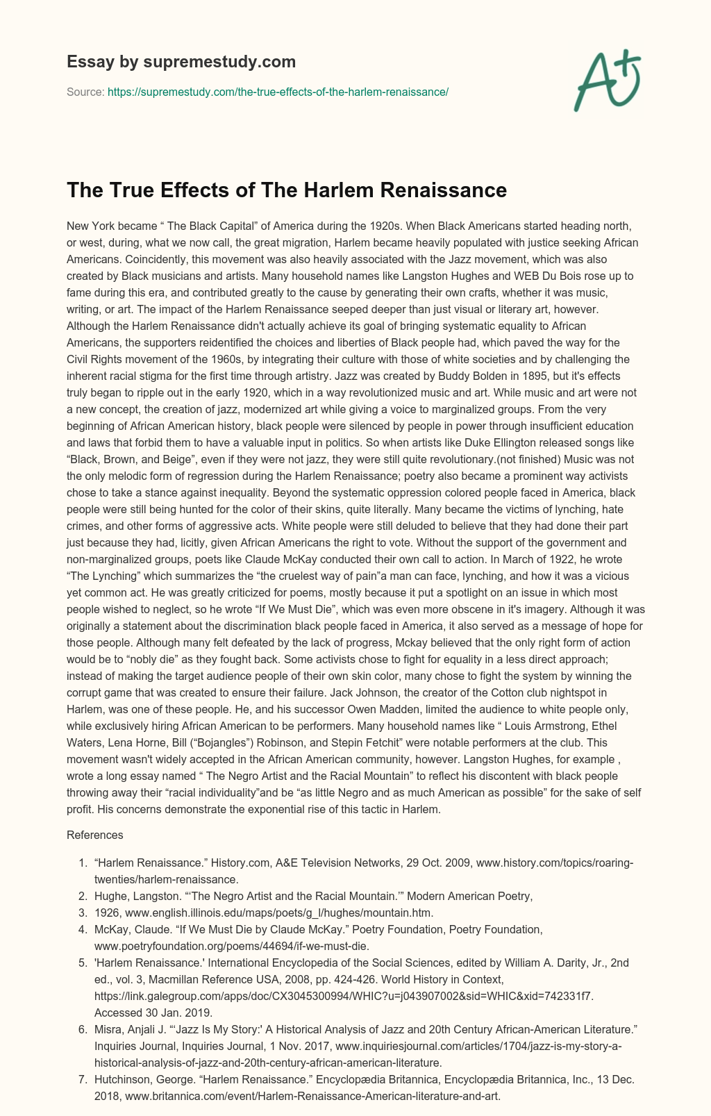 The True Effects of The Harlem Renaissance essay