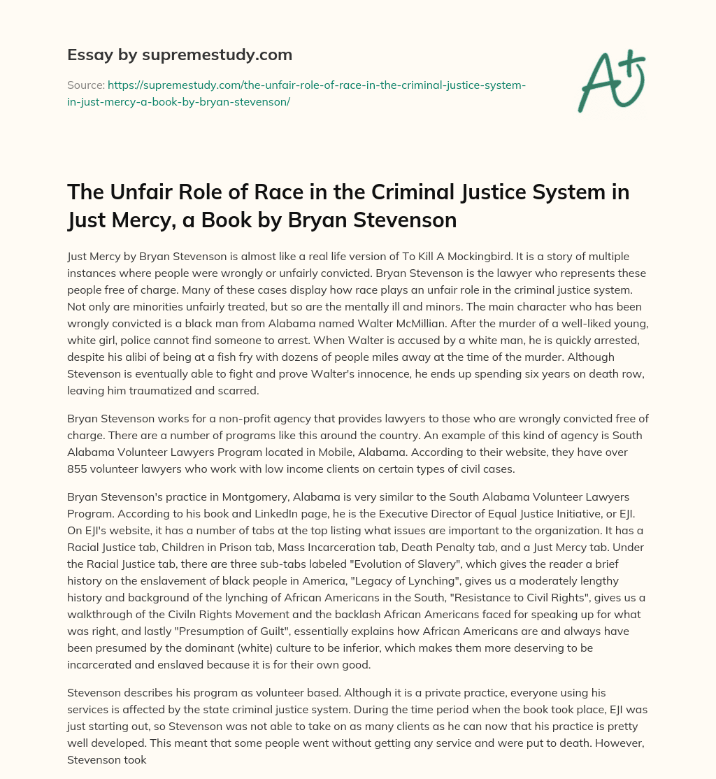 The Unfair Role of Race in the Criminal Justice System in Just Mercy, a Book by Bryan Stevenson essay