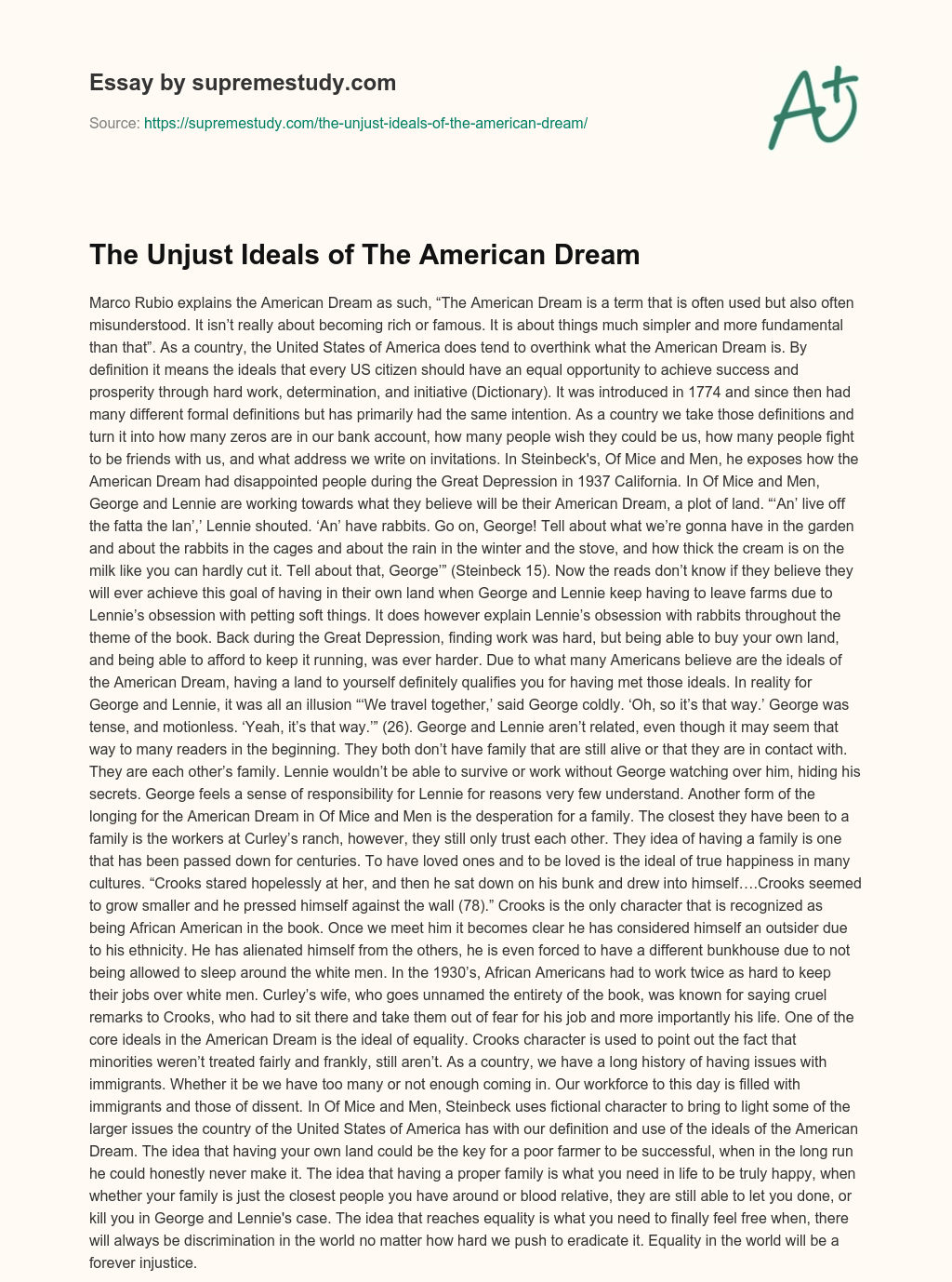 The Unjust Ideals of The American Dream essay