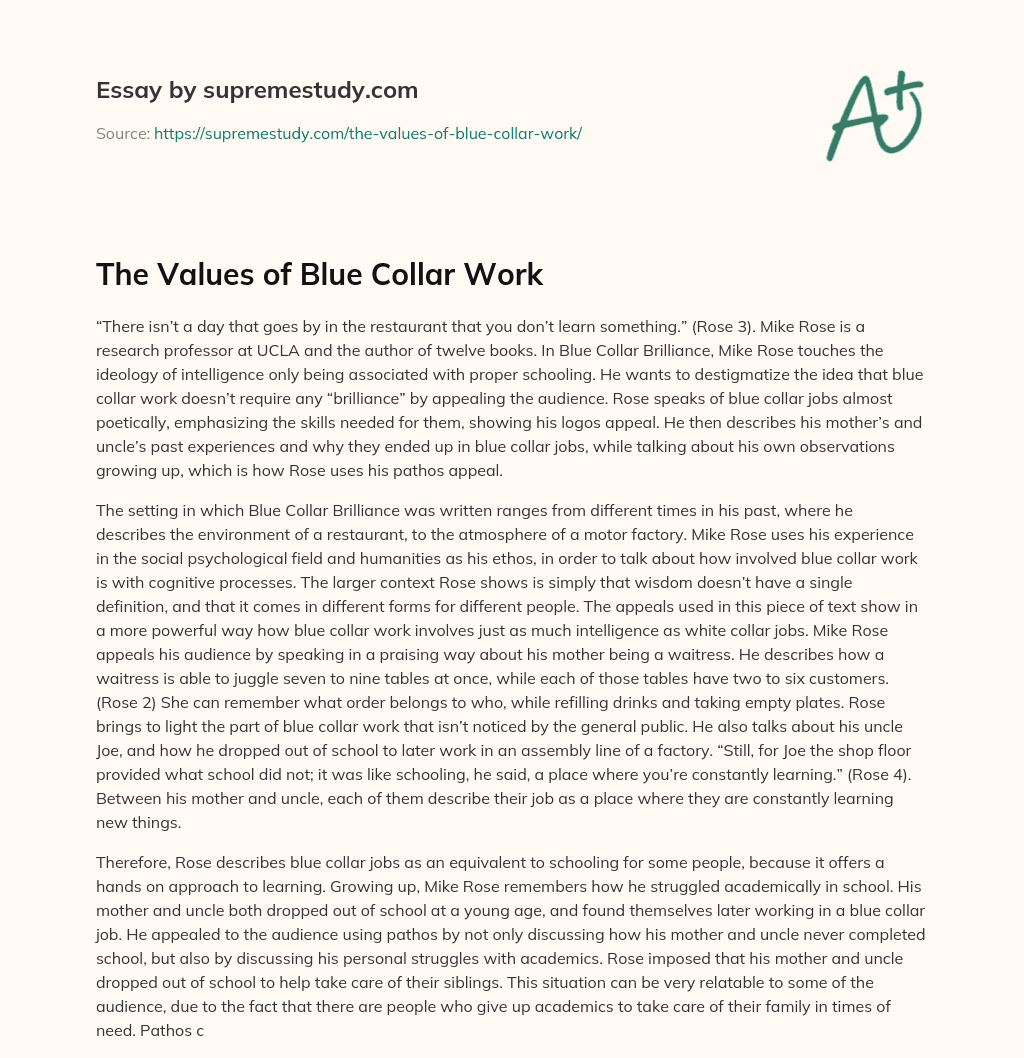 The Values of Blue Collar Work essay