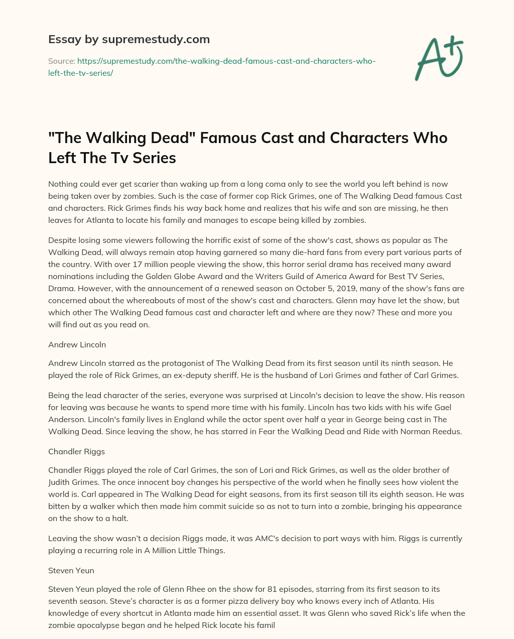 “The Walking Dead” Famous Cast and Characters Who Left The Tv Series  essay