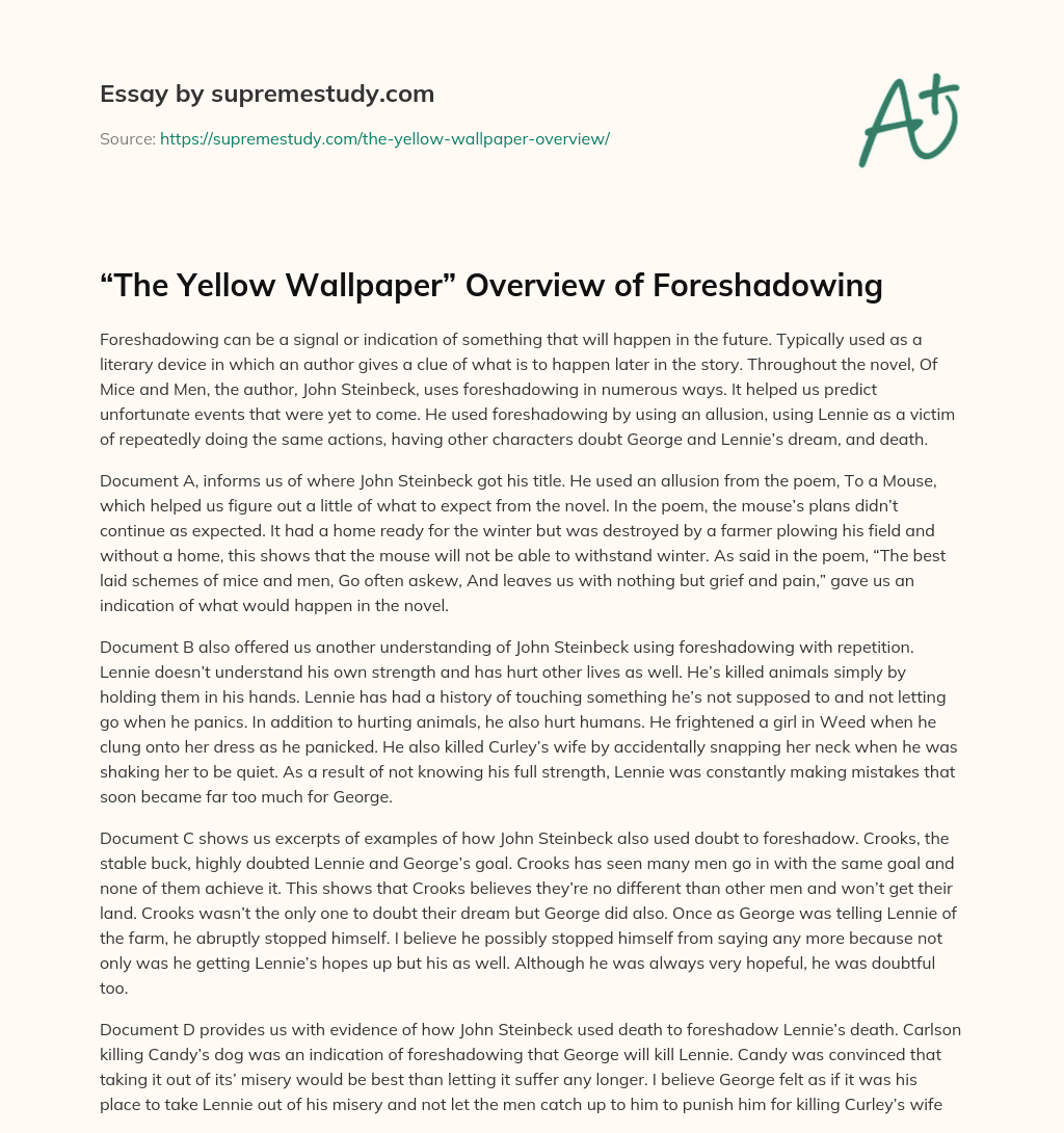 “The Yellow Wallpaper” Overview of Foreshadowing Free Essay Example 717 Words SupremeStudy