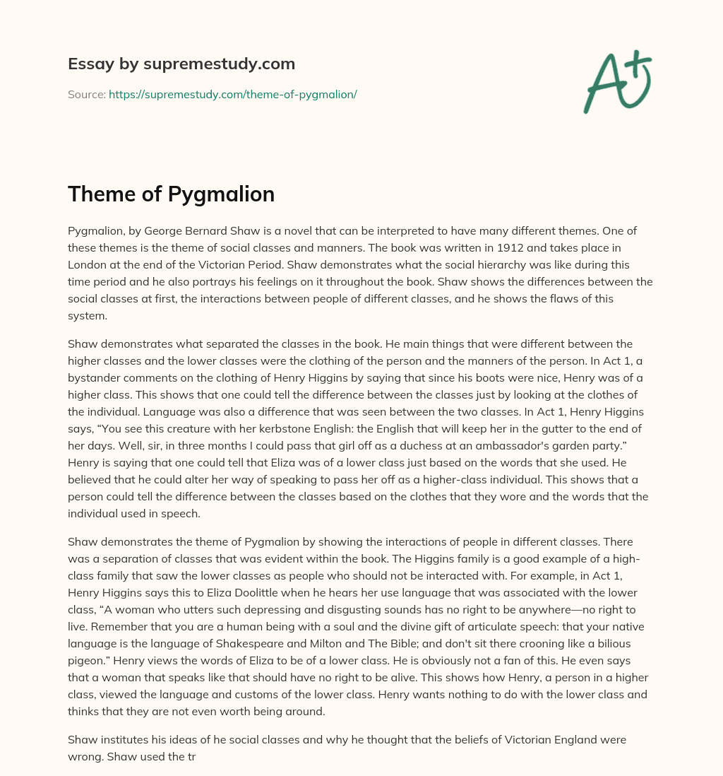 Theme of Pygmalion essay