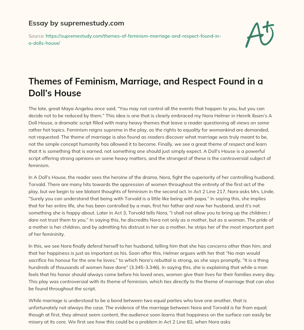 Themes of Feminism, Marriage, and Respect Found in a Doll’s House essay
