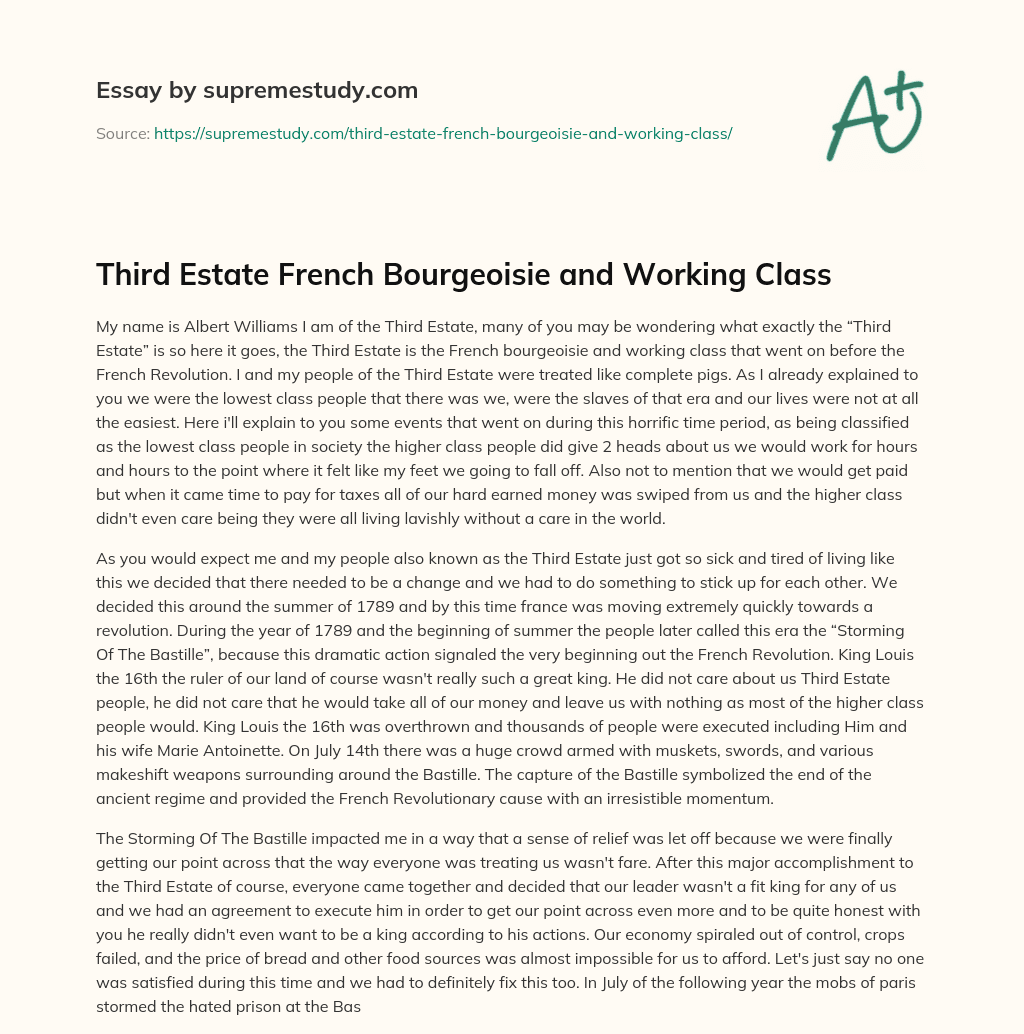 Third Estate French Bourgeoisie and Working Class essay