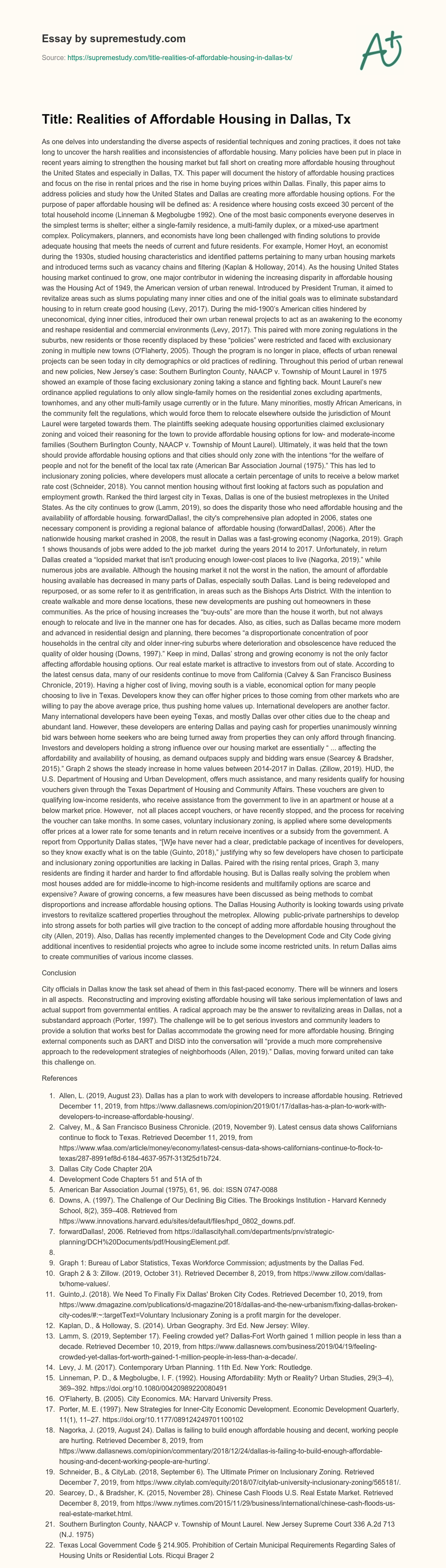 Title: Realities of Affordable Housing in Dallas, Tx essay