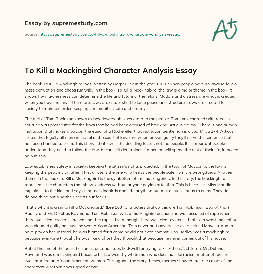 To Kill a Mockingbird Character Analysis Essay essay