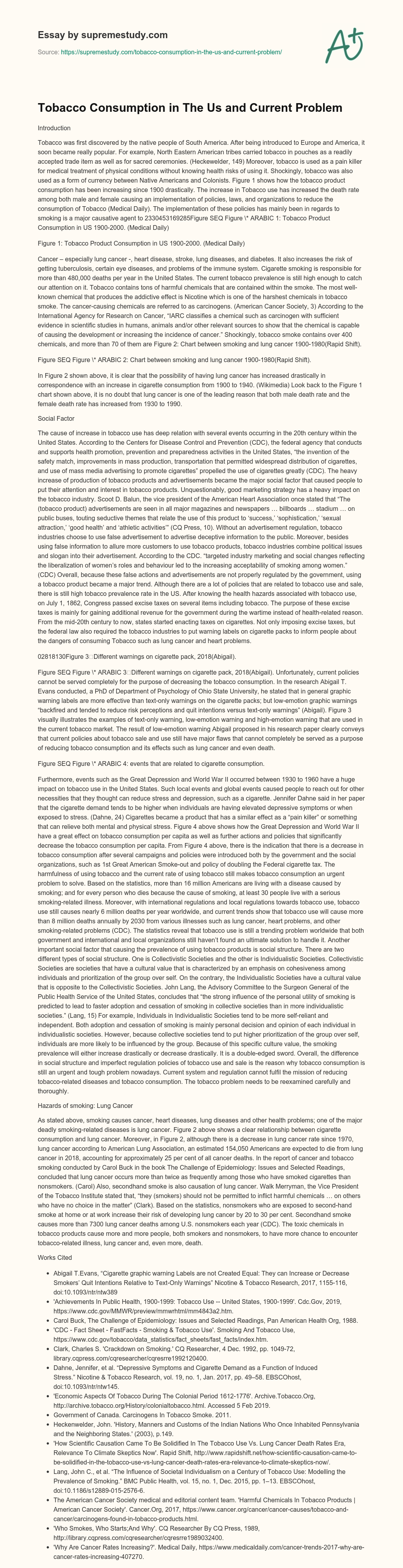 Tobacco Consumption in The Us and Current Problem essay