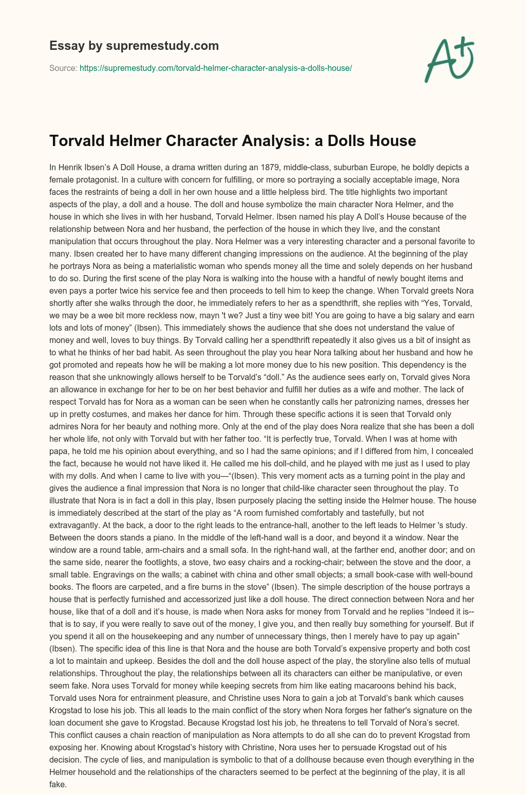 a doll's house character analysis torvald essay