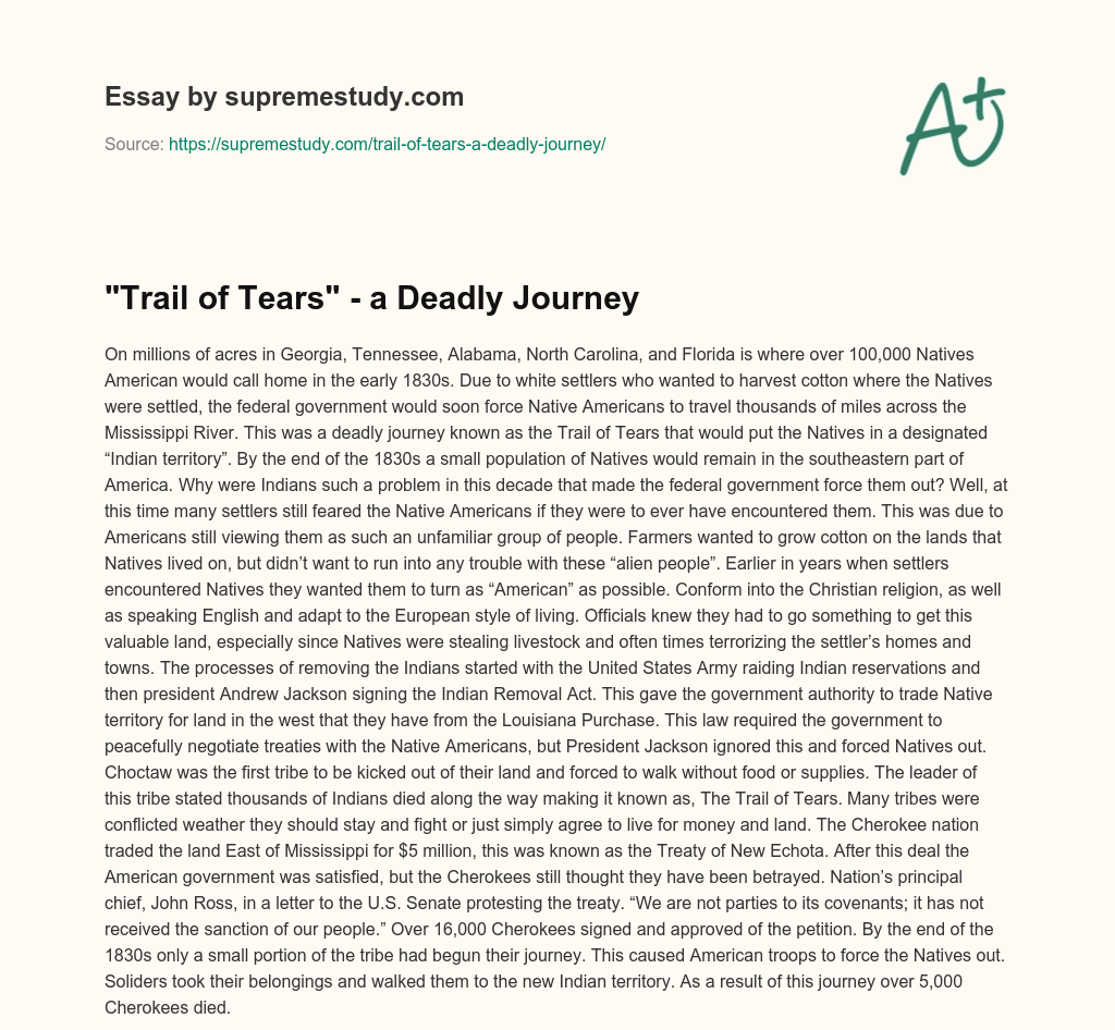 “Trail of Tears” – a Deadly Journey essay