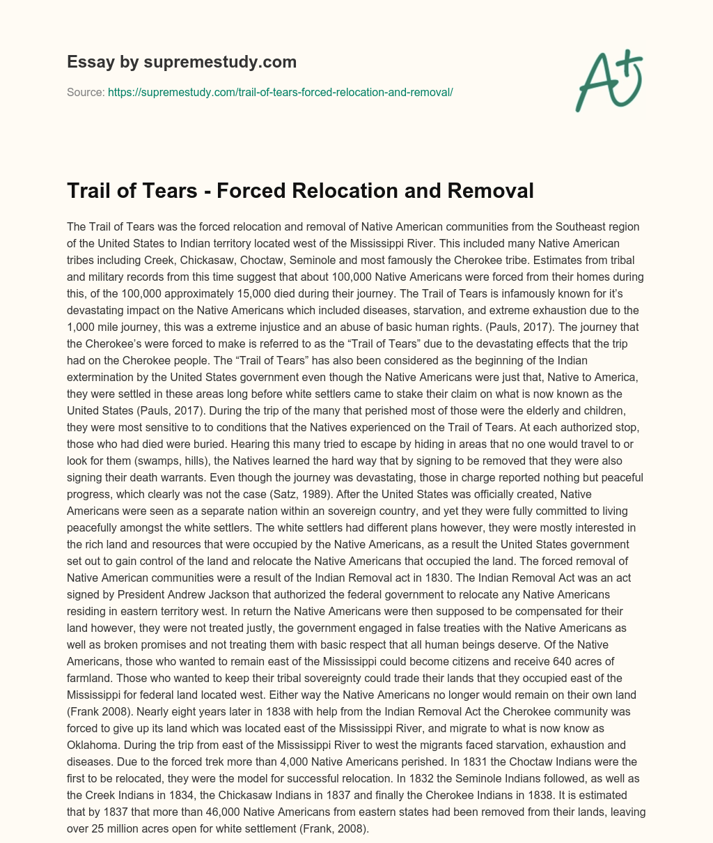 Trail of Tears – Forced Relocation and Removal essay