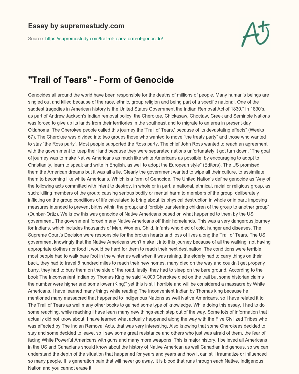 “Trail of Tears” – Form of Genocide essay