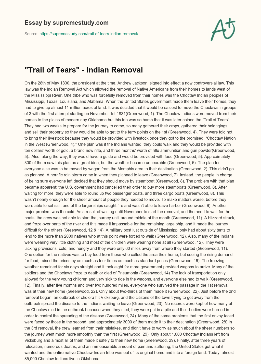 “Trail of Tears” – Indian Removal essay