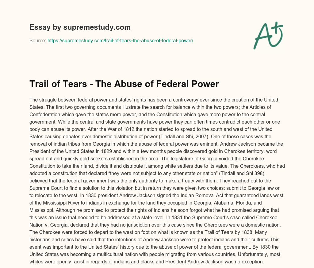 Trail of Tears – The Abuse of Federal Power essay