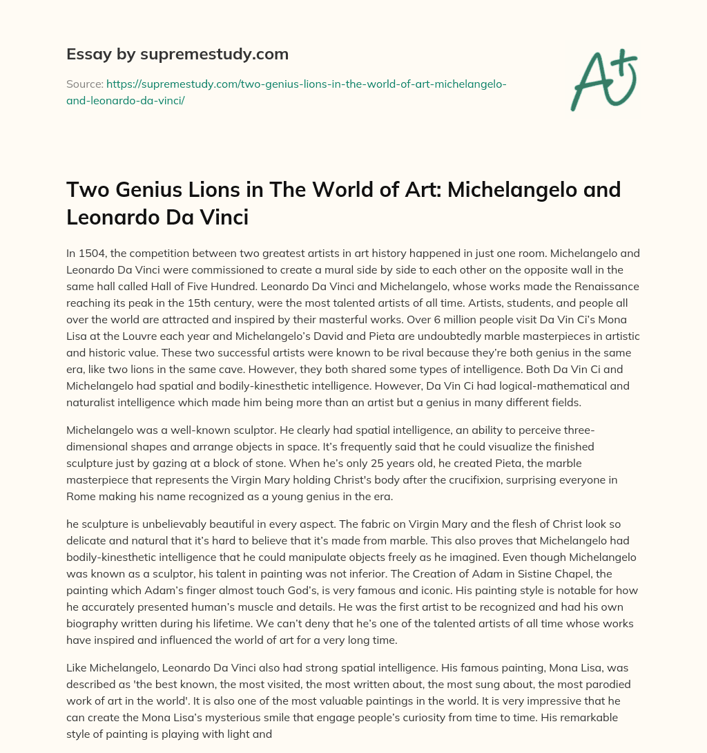 Two Genius Lions in The World of Art: Michelangelo and Leonardo Da Vinсi essay