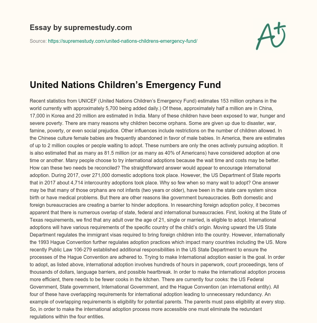 United Nations Children’s Emergency Fund essay