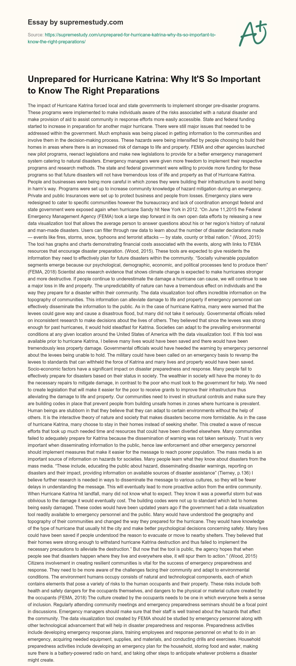 Unprepared for Hurricane Katrina: Why It’S So Important to Know The Right Preparations essay