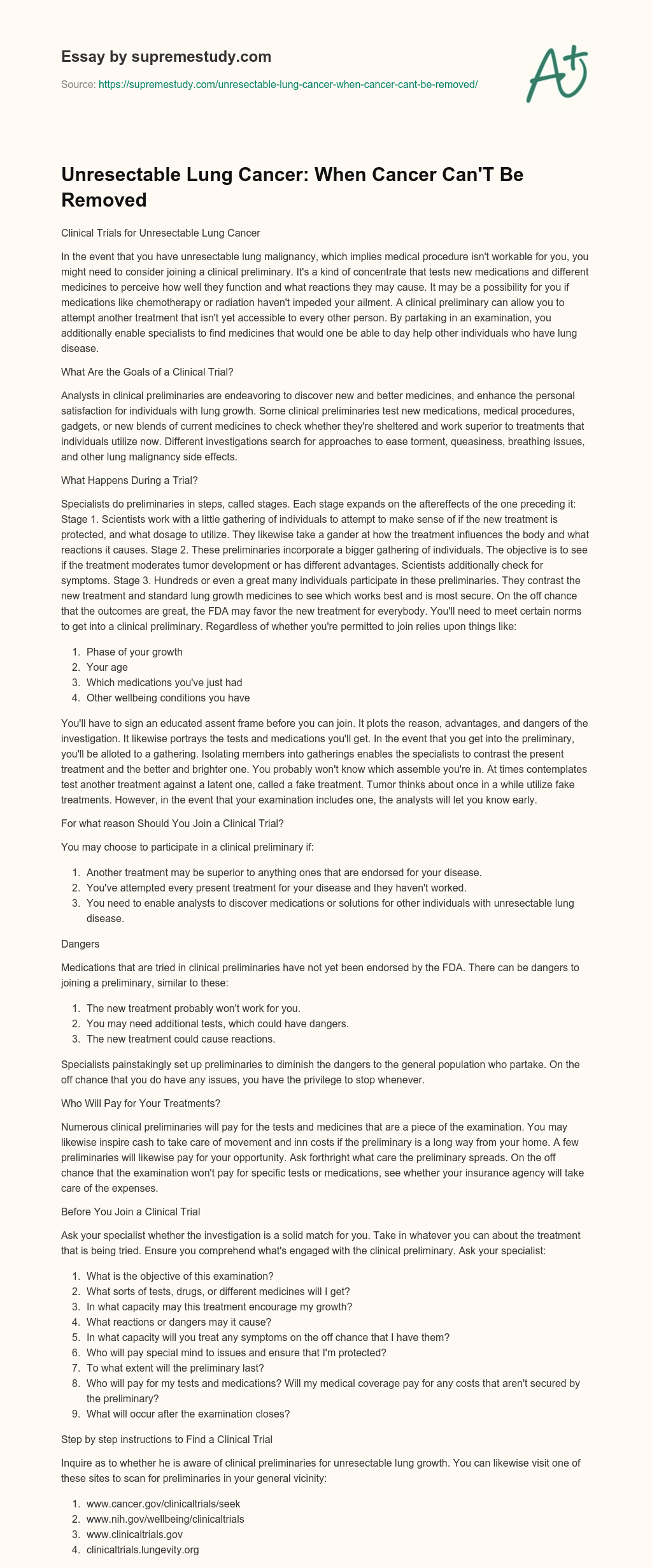 Unresectable Lung Cancer: When Cancer Can’T Be Removed essay