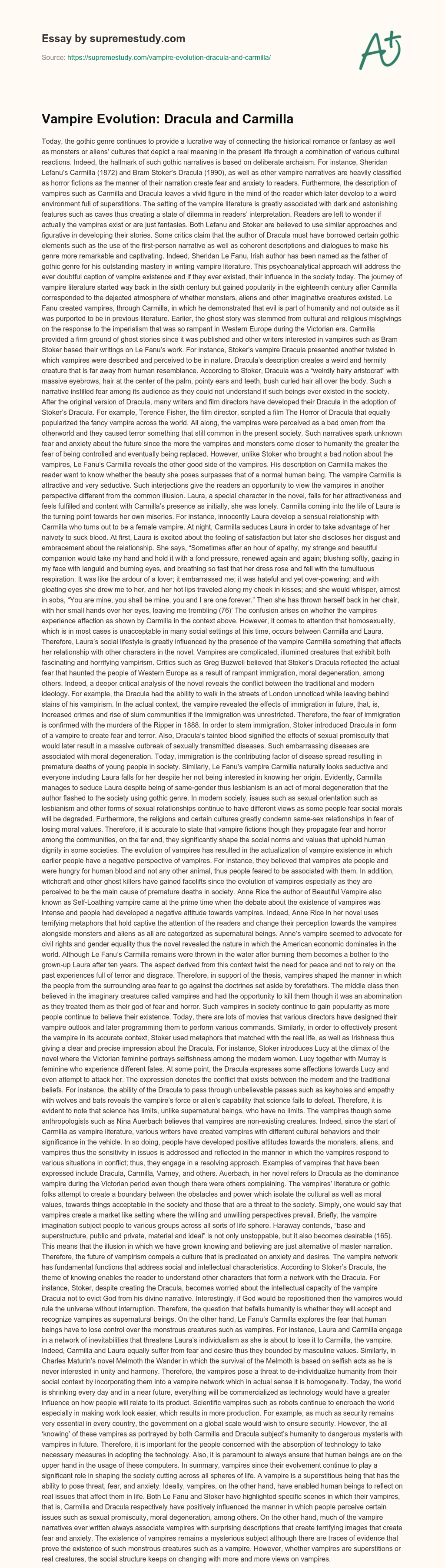 Vampire Evolution: Dracula and Carmilla essay