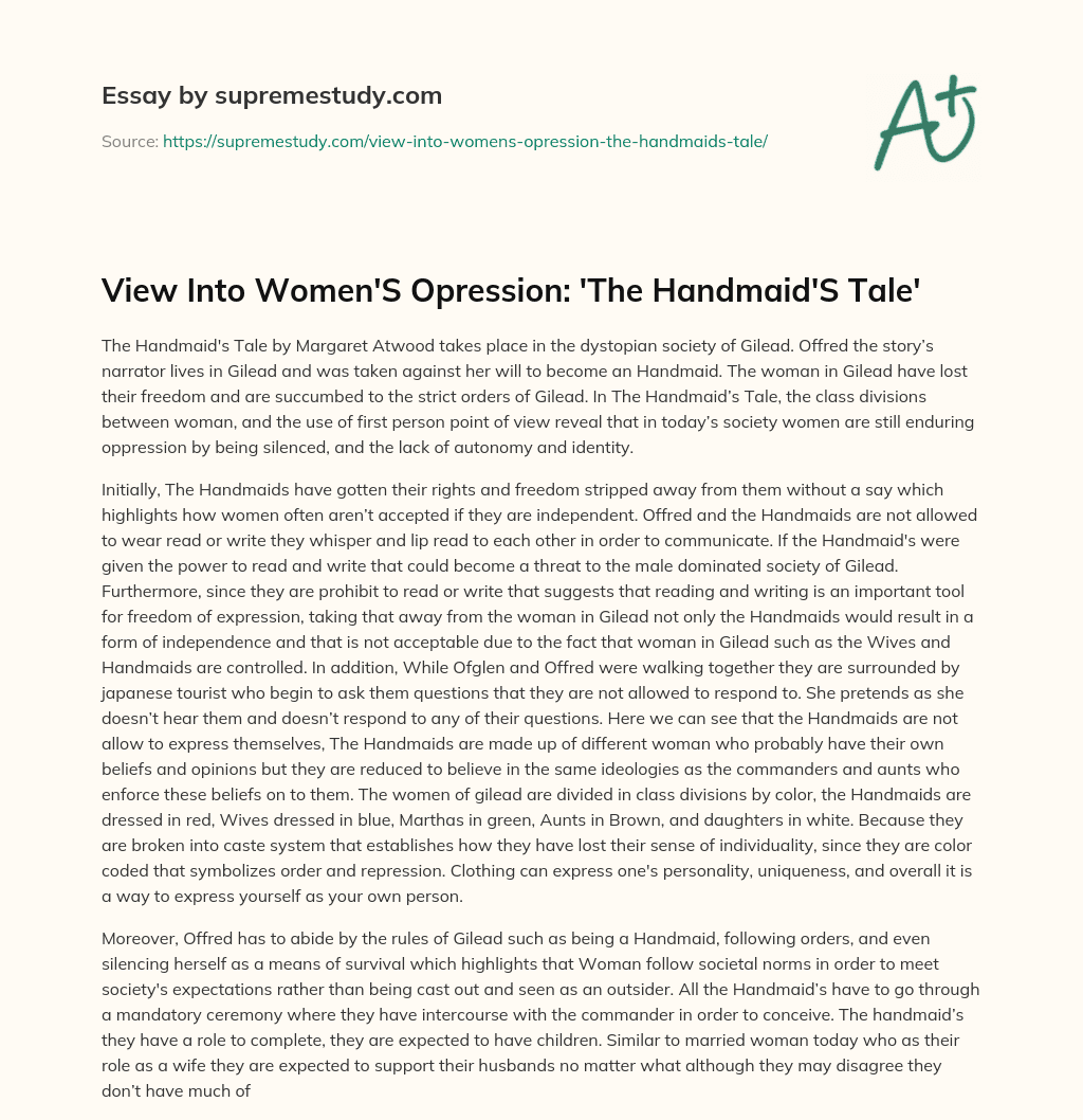 View Into Women’S Opression: ‘The Handmaid’S Tale’ essay