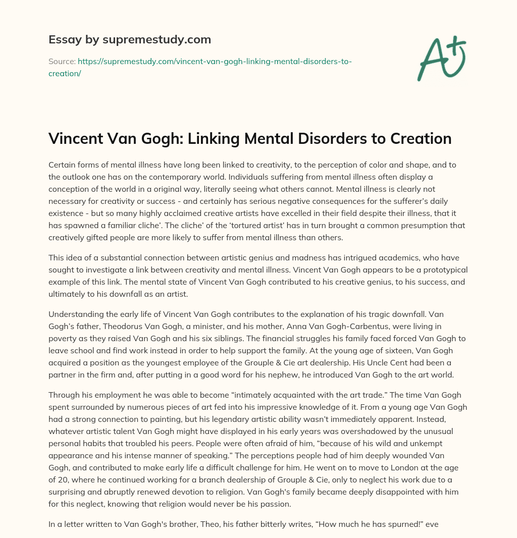 Vincent Van Gogh: Linking Mental Disorders to Creation essay