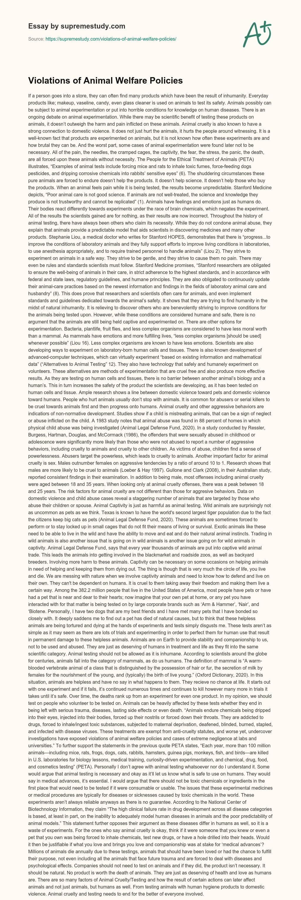 Violations of Animal Welfare Policies essay