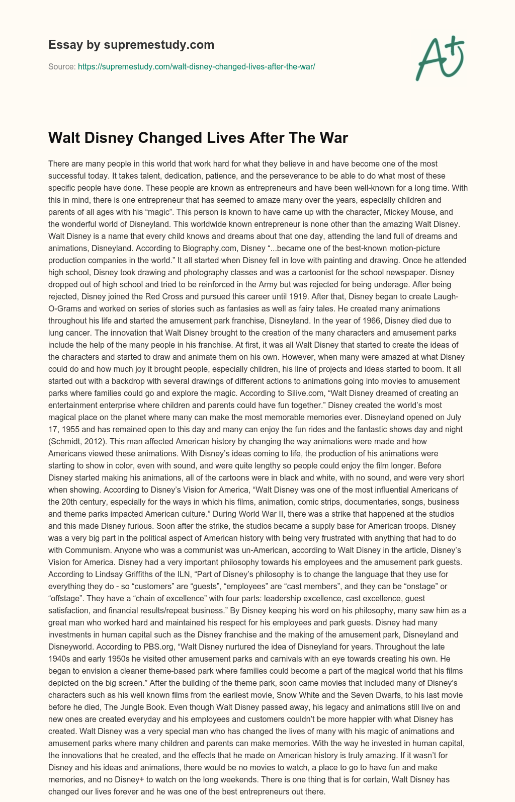 Walt Disney Changed Lives After The War essay