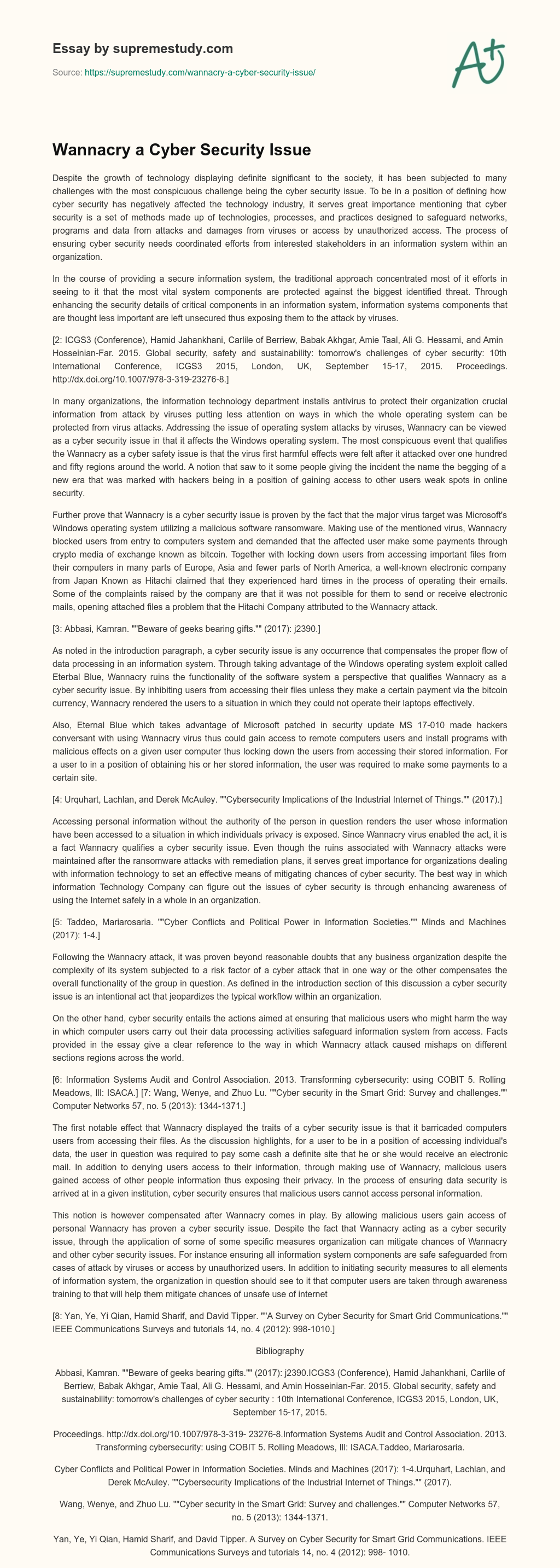Wannacry a Cyber Security Issue essay