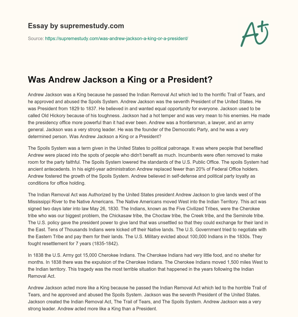 Was Andrew Jackson a King or a President? essay