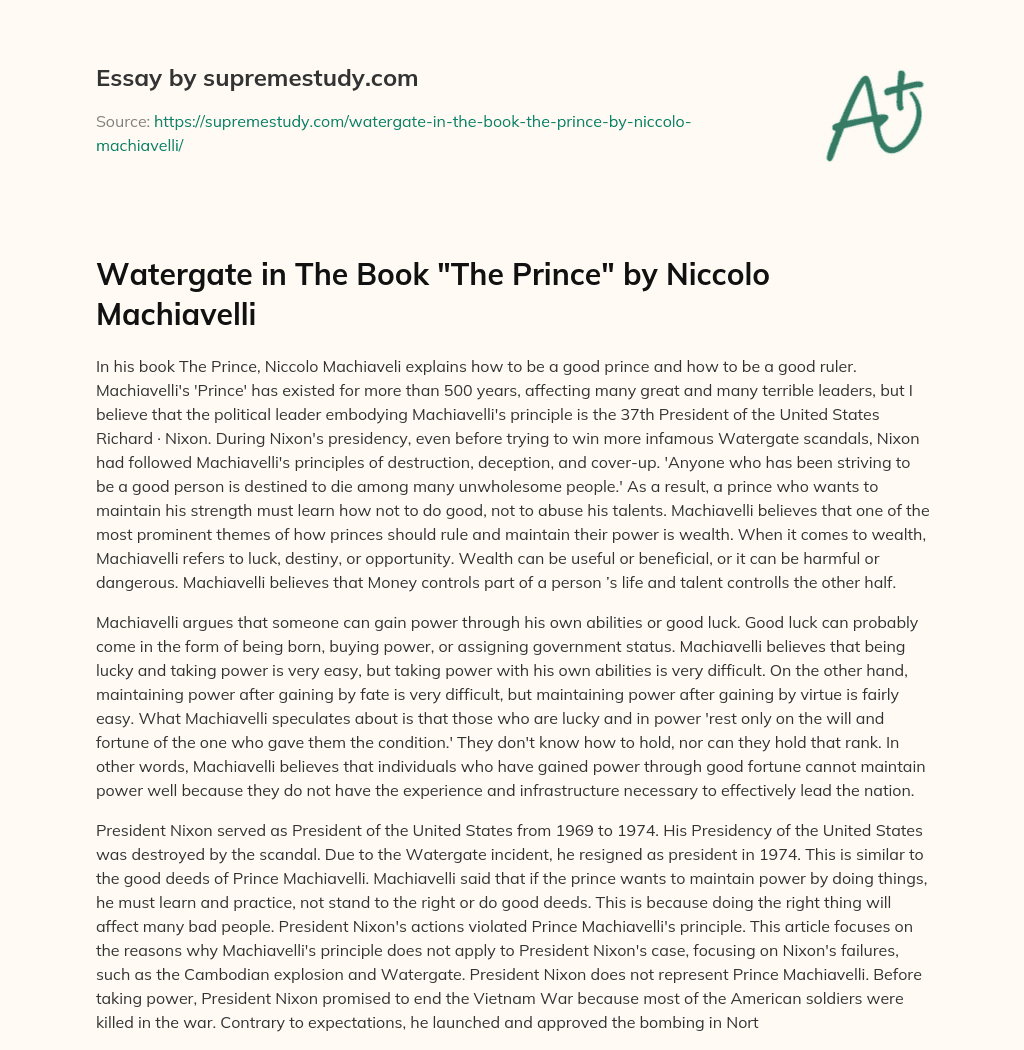 Watergate in The Book “The Prince” by Niccolo Machiavelli essay