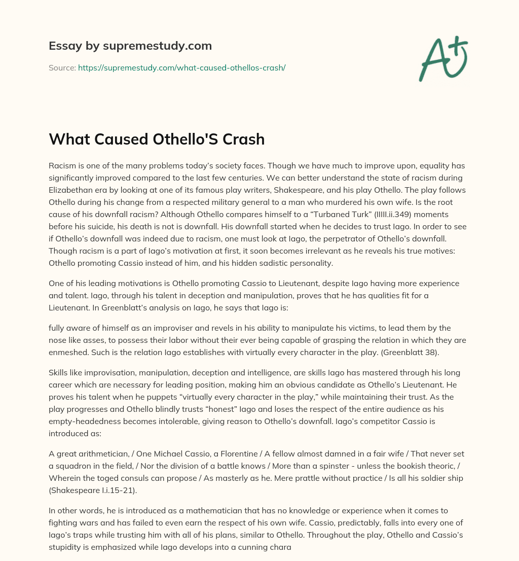 What Caused Othello’S Crash essay