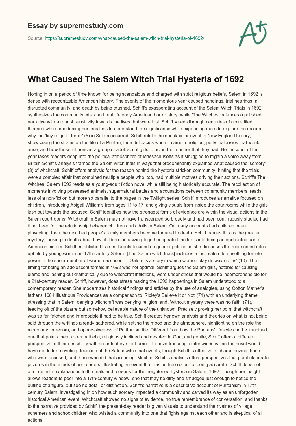 What Caused The Salem Witch Trial Hysteria of 1692 essay