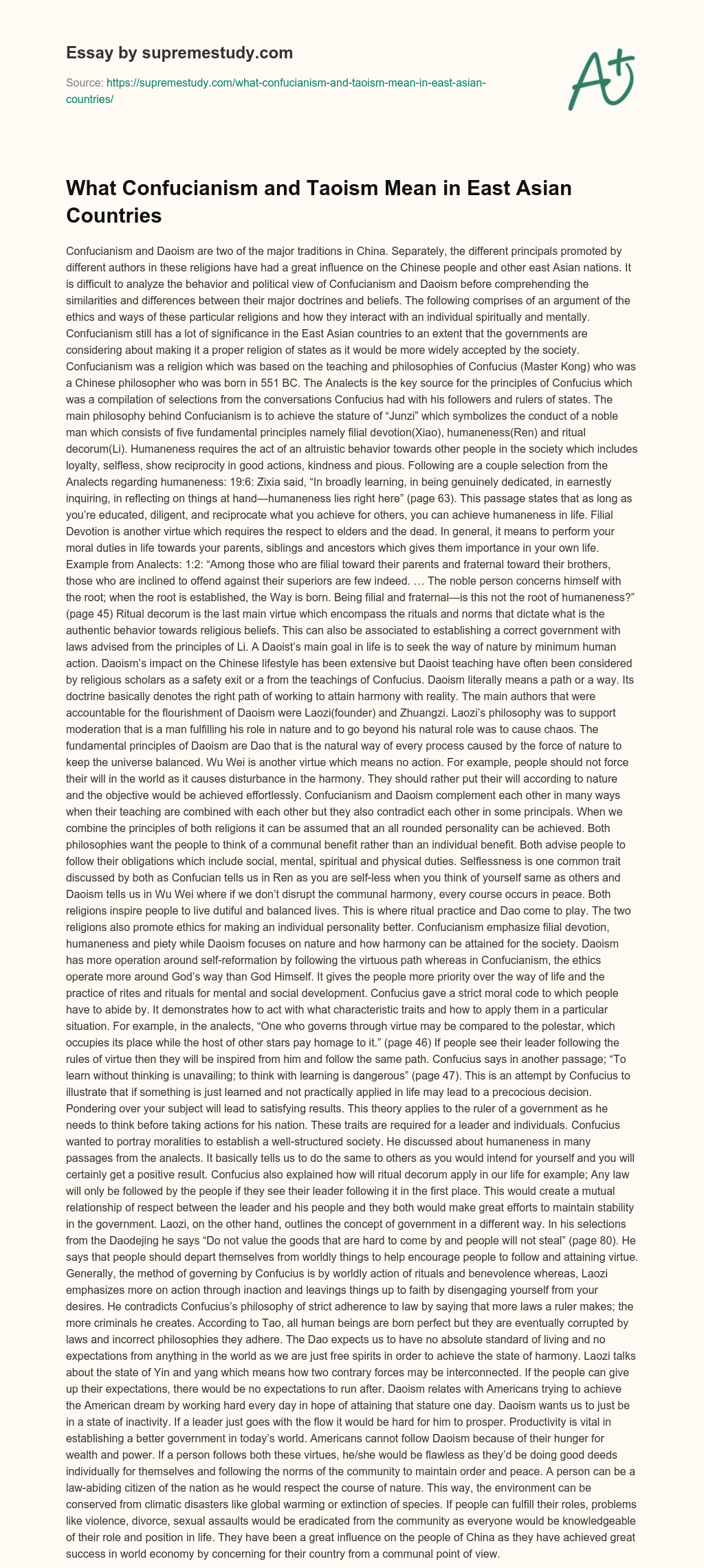 What Confucianism and Taoism Mean in East Asian Countries essay