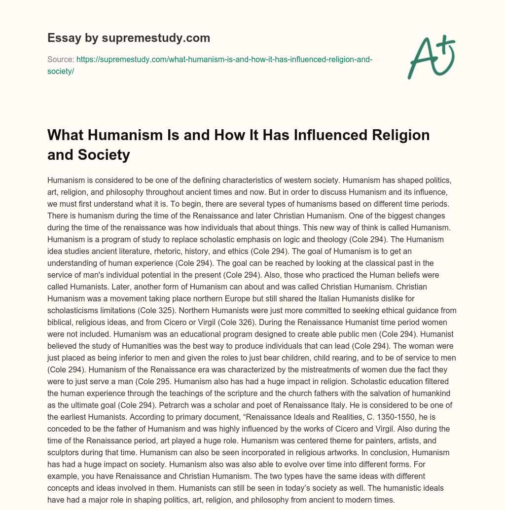 What Humanism Is and How It Has Influenced Religion and Society essay