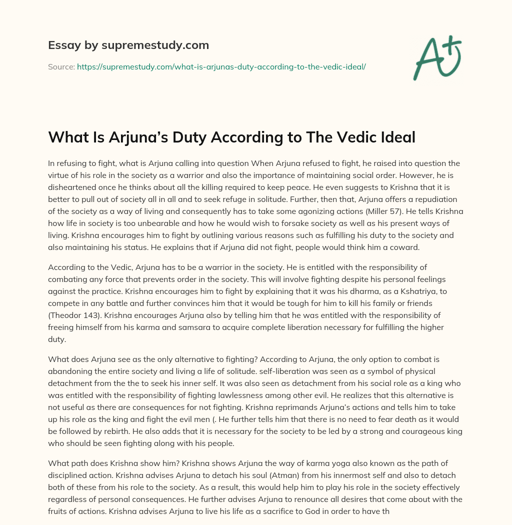 What Is Arjuna’s Duty According to The Vedic Ideal essay