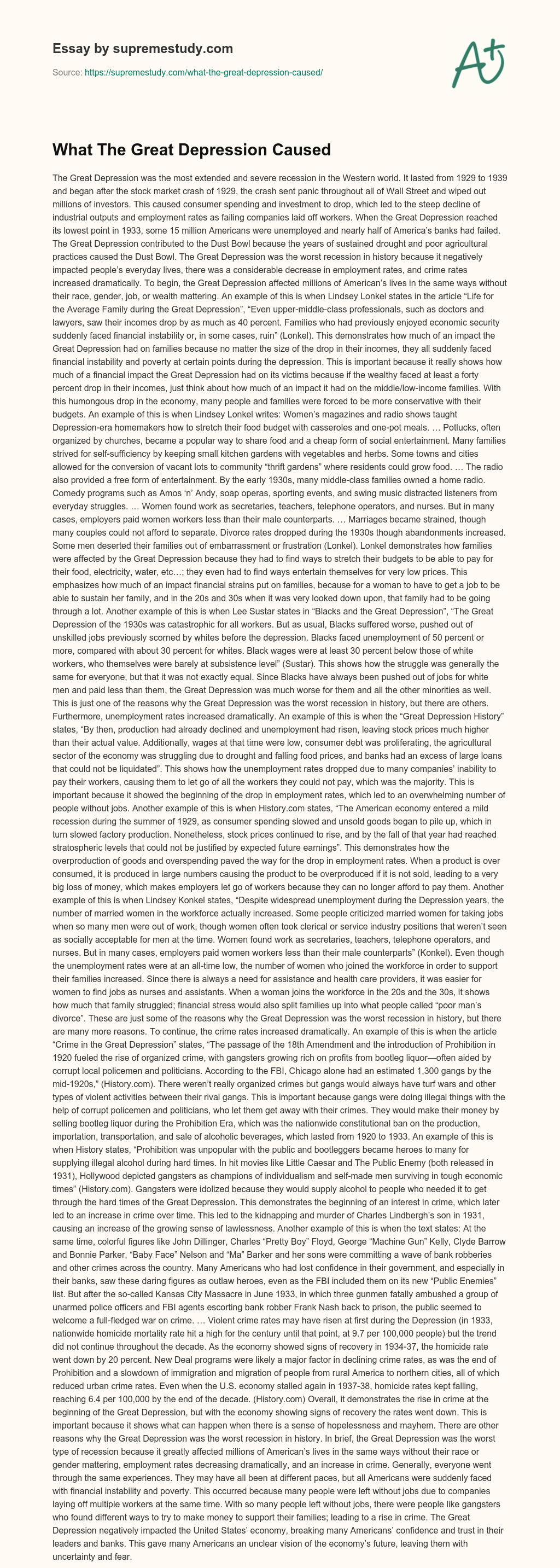 What The Great Depression Caused essay