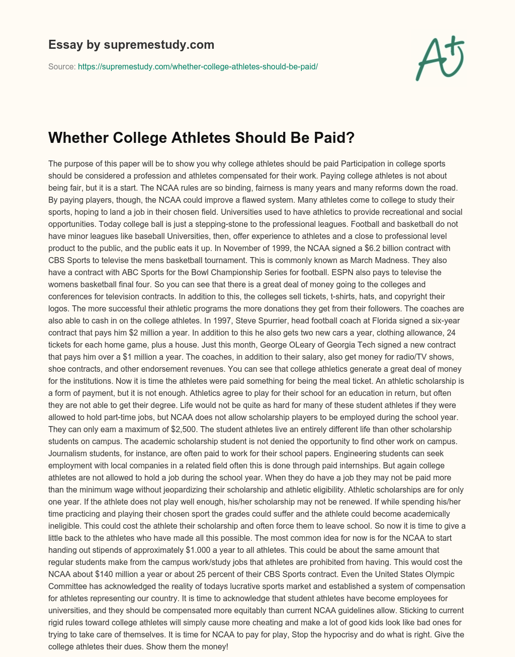 Whether College Athletes Should Be Paid? essay