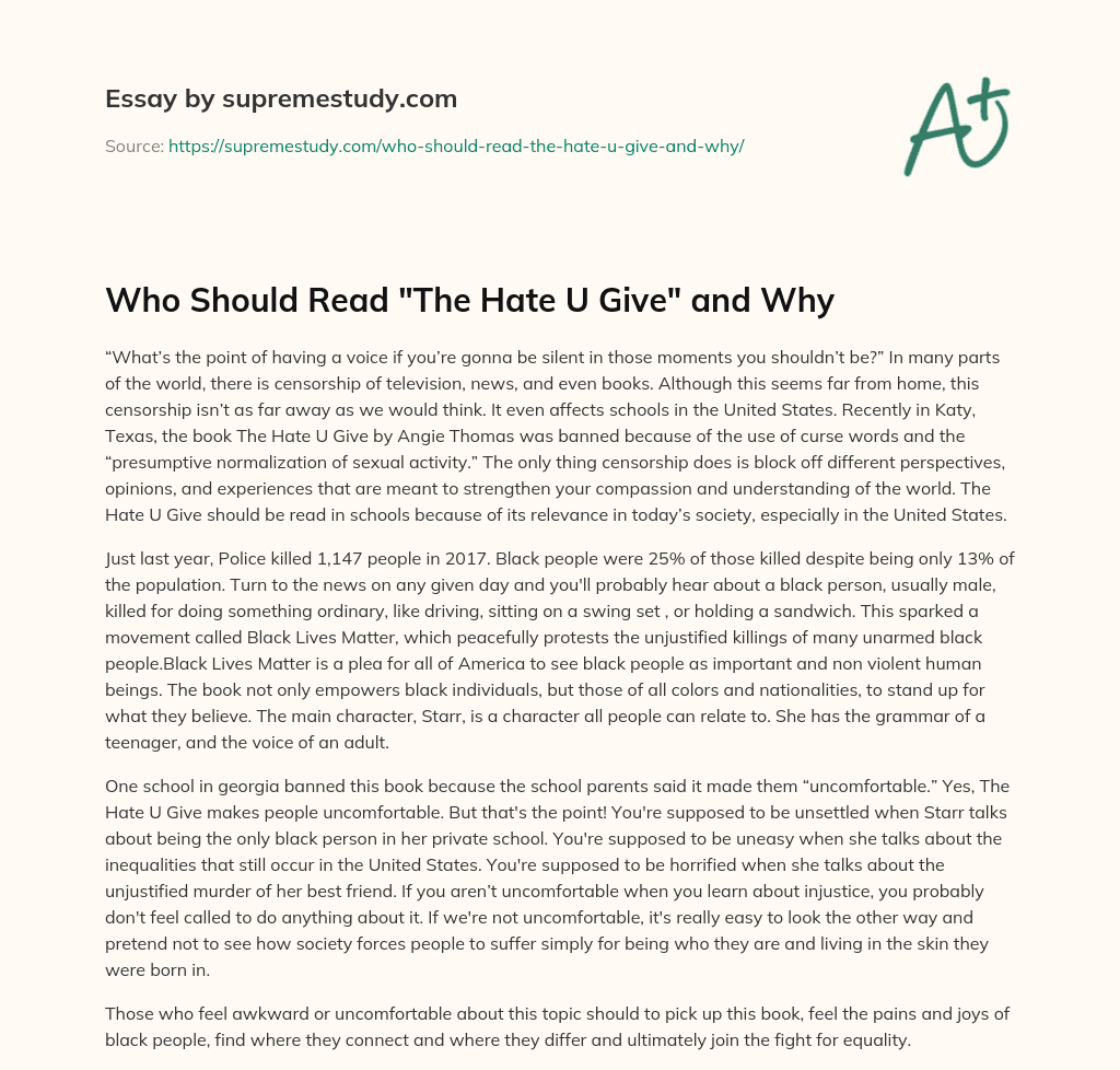 Who Should Read “The Hate U Give” and Why essay
