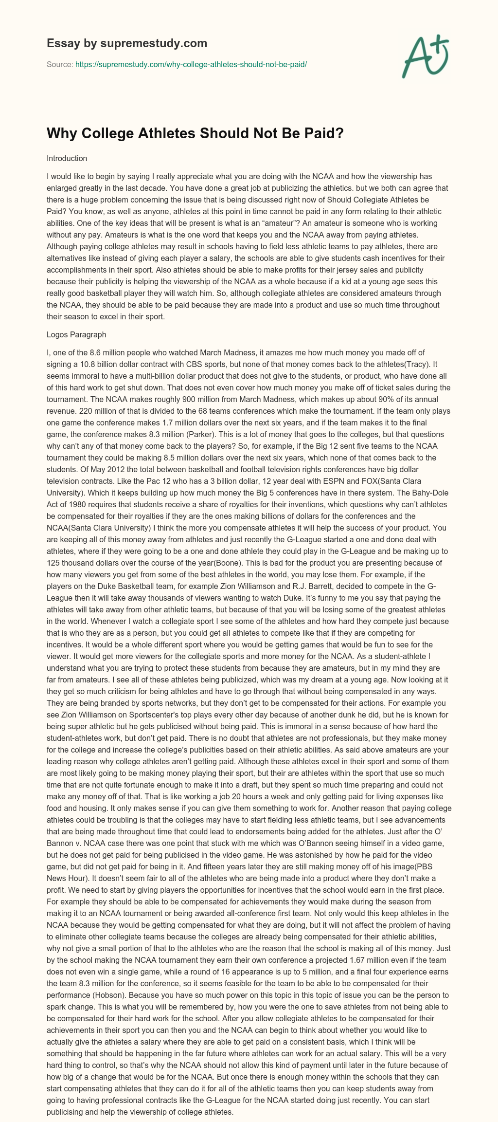 Why College Athletes Should Not Be Paid? essay