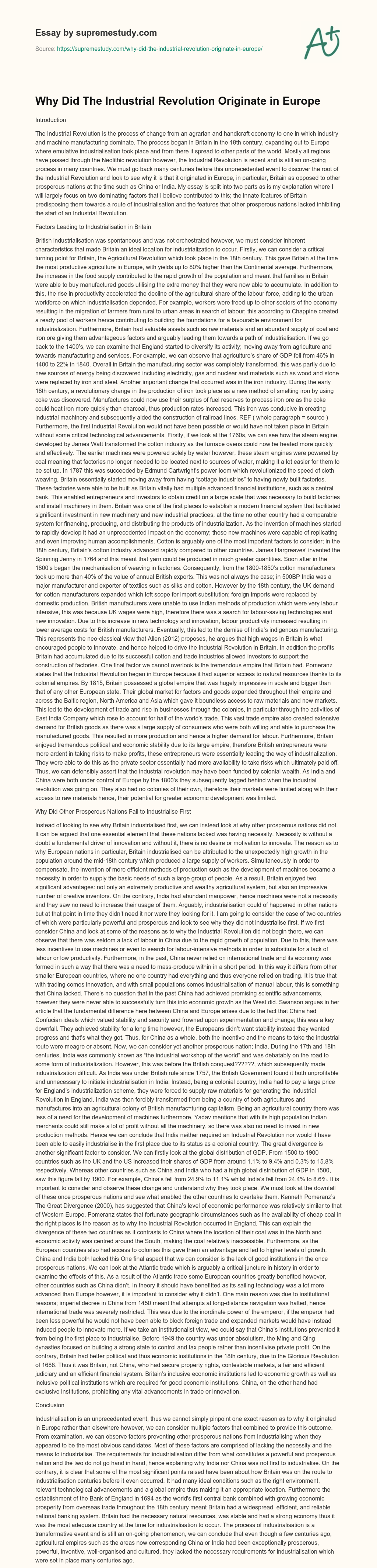 Why Did The Industrial Revolution Originate in Europe essay